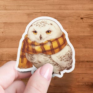 かわいいフクロウのステッカー、スカーフをつけたシロフクロウ、冬のフクロウのイラスト、愛らしいシロフクロウのデカール、動物愛好家へのギフト、フクロウのビニールステッカー