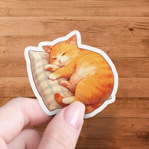 Cute Sleeping Cat Sticker, Adorable Orange Feline Decal, Cat Lover Gift, Cartoon Kitty Sticker, Ideal For Laptops, Water Bottles