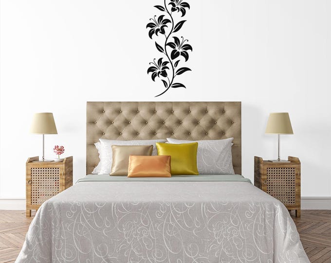 Elegant Floral Lily Vinyl Wall Decal Sticker for Home Decor, Botanical Black Flower Vine Wall Art for Bedroom Living Room or Office