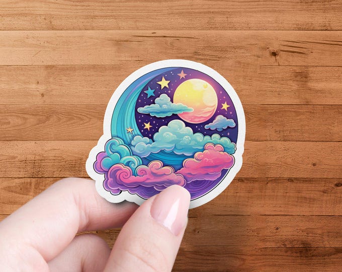 Cosmic Moon and Stars Sticker, Cute Astral Cloud Design, Vibrant Celestial Decal, Space-Themed Art Sticker