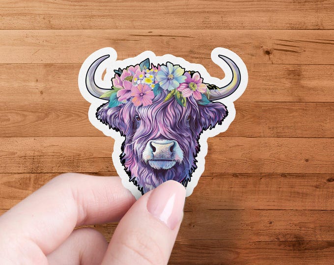 Highland Cow Sticker Floral Horns Boho Decor, Waterproof Die Cut Sticker, Pastel Flower Crown Sticker, Laminated Packaging
