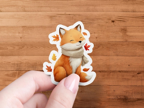 Cute Fox Sticker, Autumn Fox, Fall Leaves, Cozy Scarf, Happy Animal, Weatherproof Decal, Laptop Sticker, Water Bottle Sticker