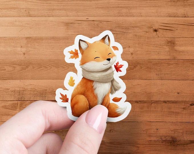 Autumn Fox Sticker, Cozy Scarf, Weatherproof Decal
