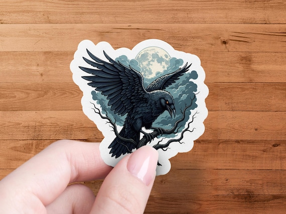 Gothic Raven Moon Sticker - Dark Fantasy Bird Art Vinyl-Decal for Laptop Halloween Creepy Decor