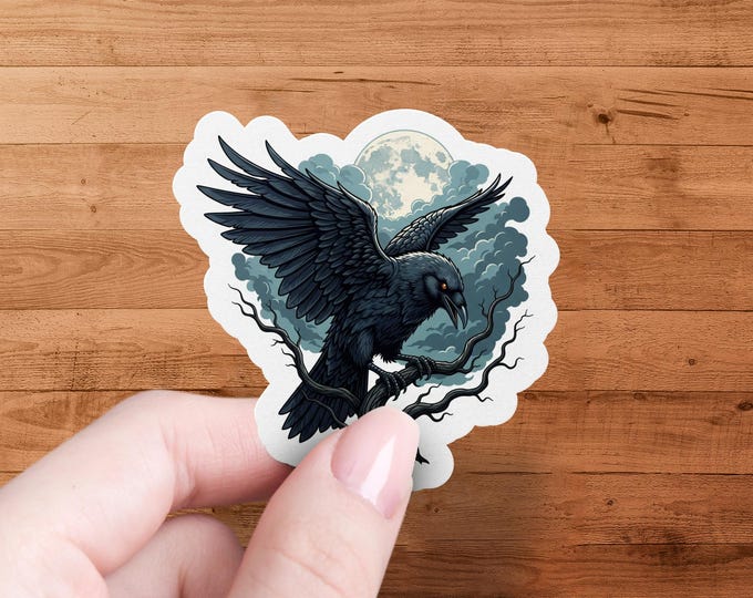 Gothic Raven Moon Sticker - Dark Fantasy Bird Art Vinyl-Decal for Laptop Halloween Creepy Decor