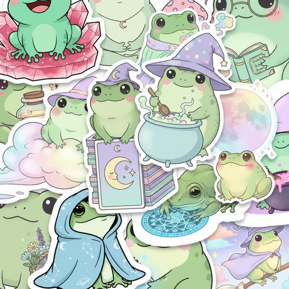 Witchy Frog Sticker Pack – 15 Kawaii Spellcaster Frogs for Journals, Laptops, Gifts