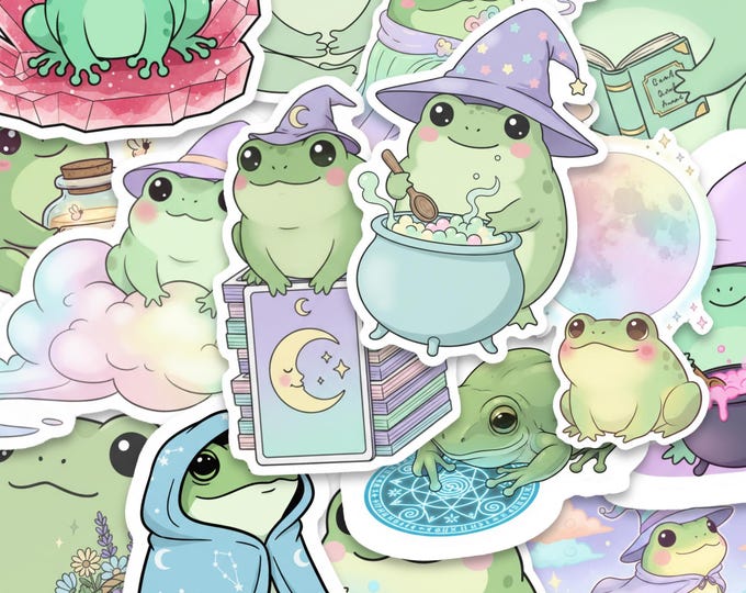 Witchy Frog Sticker Pack – 15 Kawaii Spellcaster Frogs for Journals, Laptops, Gifts