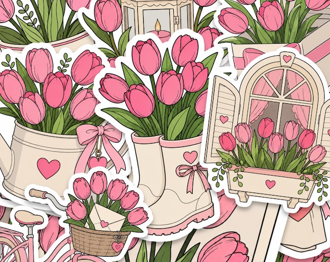 Pink Tulip Cottagecore Sticker Pack, 15 Glossy 2 Inch Floral Decals