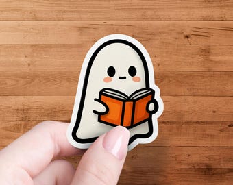Kawaii Ghost Reading Book Sticker, Halloween Decal