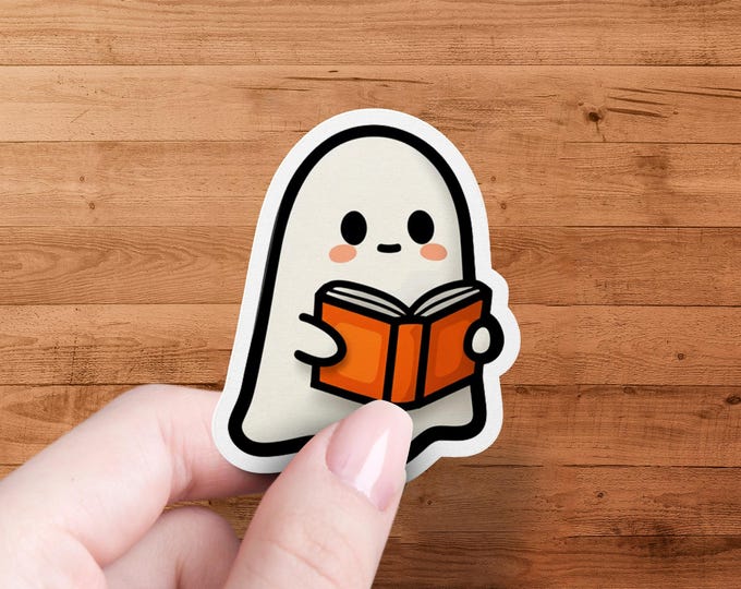 Cute Ghost Reading Sticker, Kawaii Ghost Decal, Halloween Stickers, Spooky Season Stickers, Book Lover Stickers, Funny Stickers