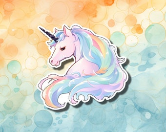 Magical Pastel Unicorn Sticker – Dreamy Rainbow Mane | Kids Room Décor, Fantasy Gifts, Scrapbooking, Laptop Decal