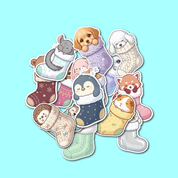 Christmas Animal Sticker Pack – 15 Kawaii Vinyl Holiday Stickers with Cozy Stockings