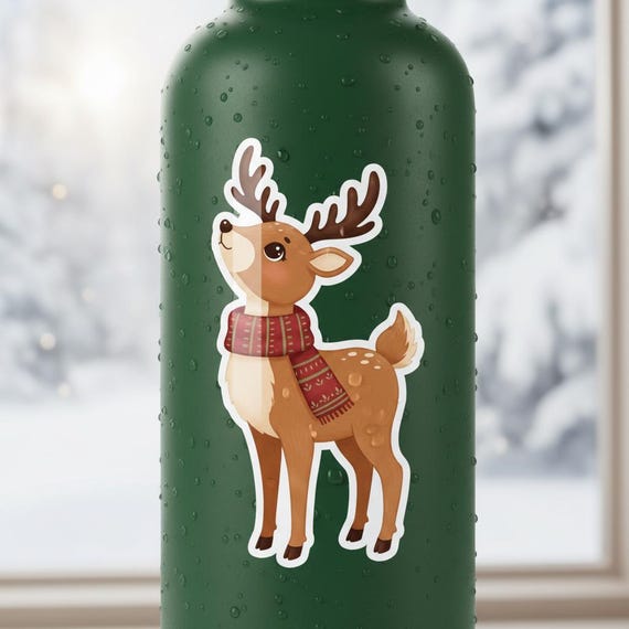 Cute Reindeer Sticker, Holiday Sticker, Christmas Deer, Scarf Animal, Gift Idea, Holiday Decor, Laptop Sticker, Water Bottle Sticker