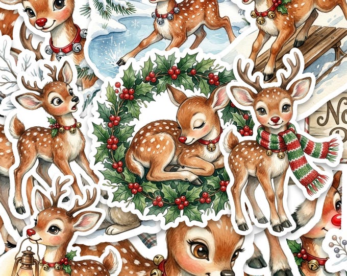 Christmas Reindeer Sticker Pack, 15 Pieces, 2 Inch Vinyl, Gloss Finish