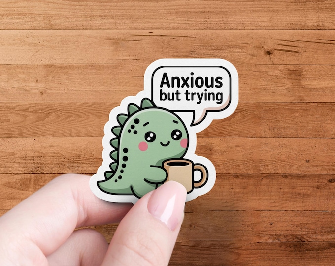 Anxious Dinosaur Kawaii Sticker, Motivational Coffee Dino