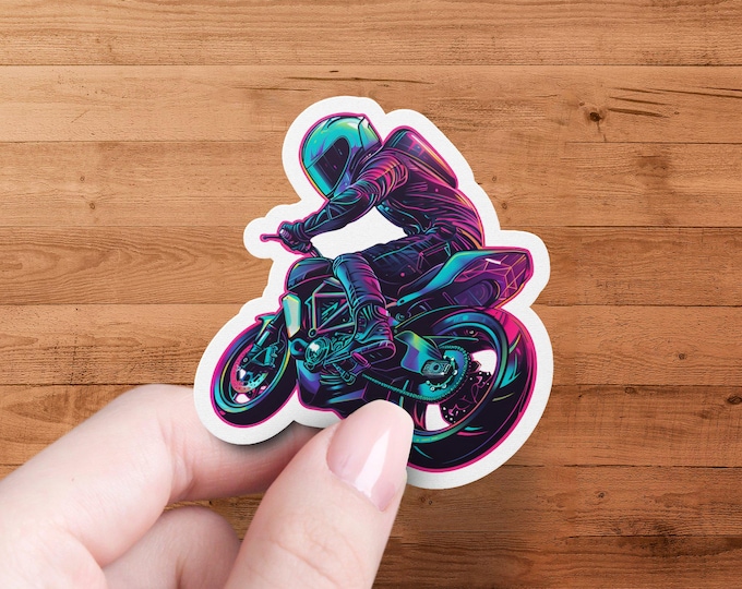 Neon Biker Sticker, Cool Motorcycle Decal, Waterproof Vinyl Sticker, Die Cut, Laminated, Durable, Vivid Colors, For Laptops, Water Bottles