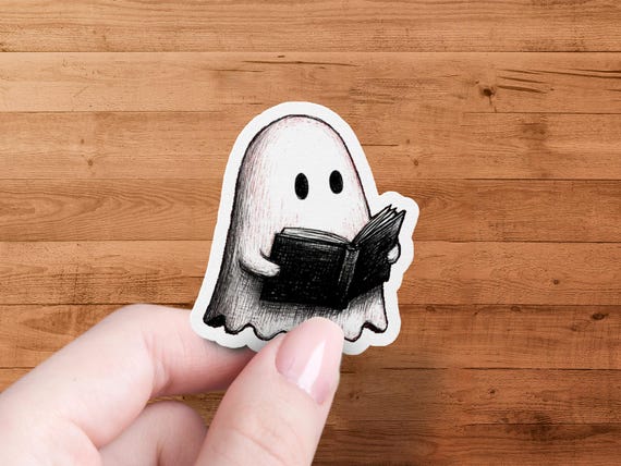 Reading Ghost Sticker: Spooky Book Lover Laptop Decal