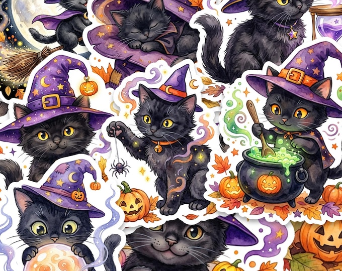 Black Witch Cat Glossy Vinyl Sticker Pack, 15 Piece 2 Inch Halloween Set