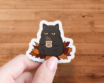 Grumpy Black Cat Coffee Sticker: Autumn Laptop Decal