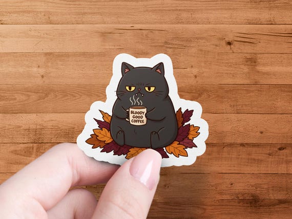 Grumpy Black Cat Coffee Sticker: Autumn Laptop Decal
