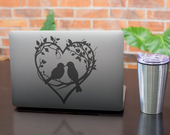 Love Birds Vinyl Decal: Floral Heart, Romantic Wall Art