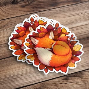 Cute Sleeping Fox Sticker, Autumn Leaves Fox Decal, Adorable Animal Art ...
