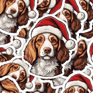 Charmante hondensticker Bretagne met kerstmuts, schattige feestelijke sticker voor huisdier, uniek kerstcadeau, duurzaam vinyl hondenaccessoire