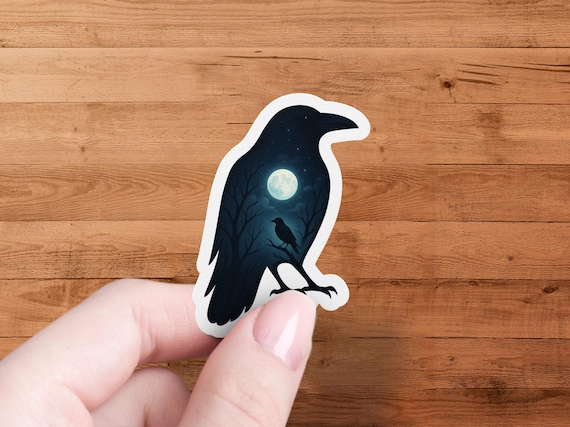 Glossy Raven Moon Sticker – Waterproof Vinyl Crow Decal for Laptop, Water Bottle, Journal