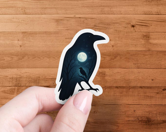 Glossy Raven Moon Sticker – Waterproof Vinyl Crow Decal for Laptop, Water Bottle, Journal