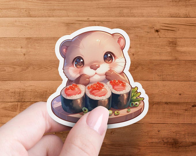 Cute Otter Eating Sushi Die Cut Sticker, Waterproof and Laminated, Perfect for Laptops, Journals, and Water Bottles, Adorable Otter Gift