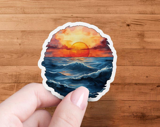 Sunset Ocean Wave Sticker, Vibrant Ocean Scene, Waterproof Vinyl, Sunset over Waves Art, Nature Inspired Decal, Coastal Decor Sticker
