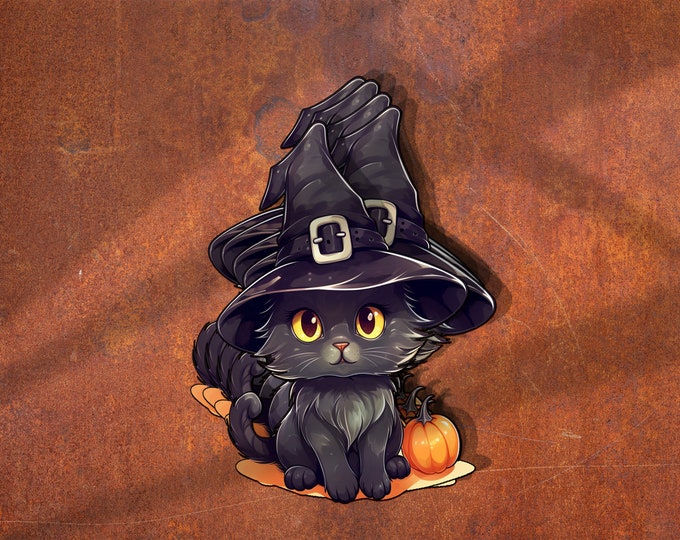 Kawaii Black Cat Sticker - Witch Hat Design - Watercolour Art - Adorable Kitty Decal - Unique Stationery Accessories, Ideal for Scrapbooking