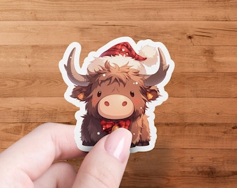 Christmas Highland Cow Sticker, Holiday Hat and Bell, Festive Decoration