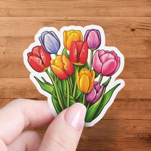 Sticker bouquet de fleurs tulipes vibrantes, Sticker vinyle floral coloré, Sticker décoratif inspiré de la nature, Sticker floraison printanière