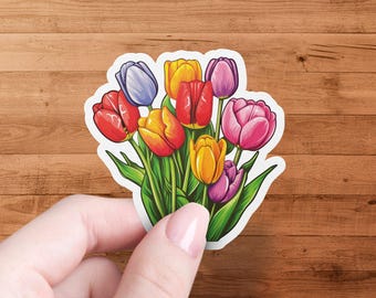 Vibrant Tulip Flower Bouquet Sticker, Colorful Floral Vinyl Sticker, Decorative Nature Inspired Decal, Spring Bloom Sticker