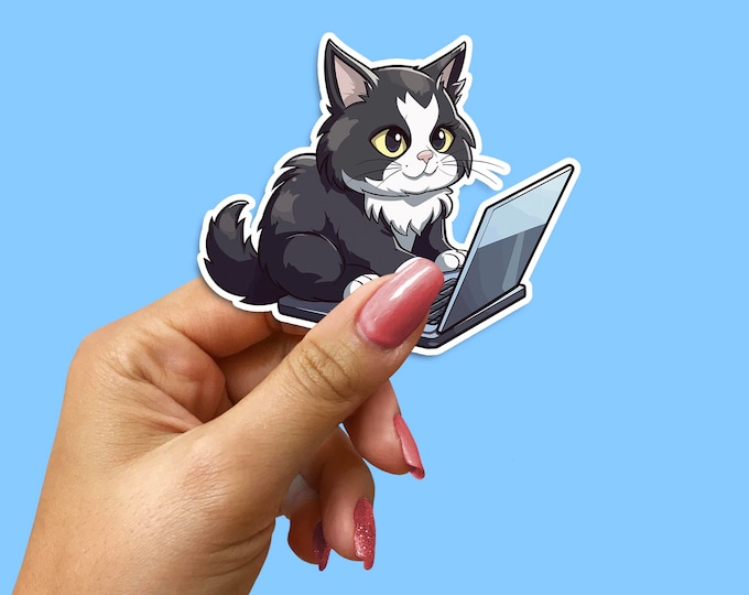 Mischievous Cat on Laptop Vinyl Decal - Playful Kitty Sticker