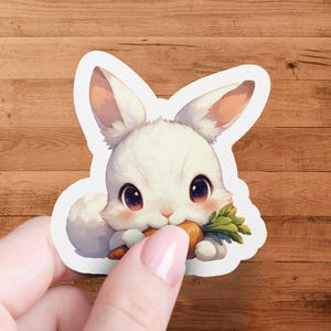 Cute Bunny Sticker, Kawaii Rabbit with Carrot, Adorable Animal Decal, Childrens Room Decor, Laptop Sticker, Scrapbooking, Cute Stationery