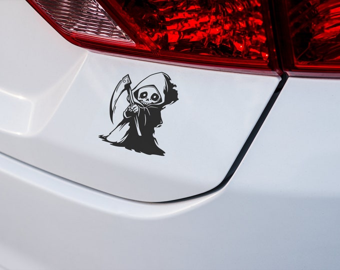 Cute Grim Reaper Vinyl Decal | Halloween Sticker for Laptops, Cars, and Walls | Playful and Spooky Gothic Decal for Halloween Decor