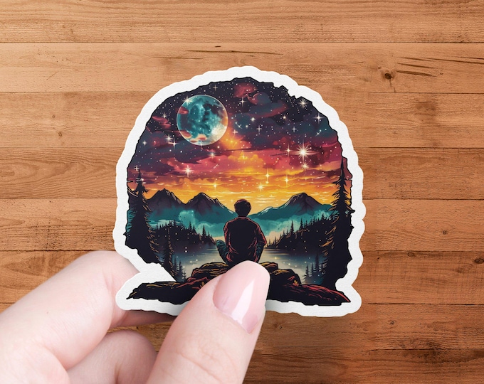Vibrant Mountain Night Sky Sticker, Celestial Adventure Sticker, Colorful Nature Landscape Sticker, Moon and Stars Decal
