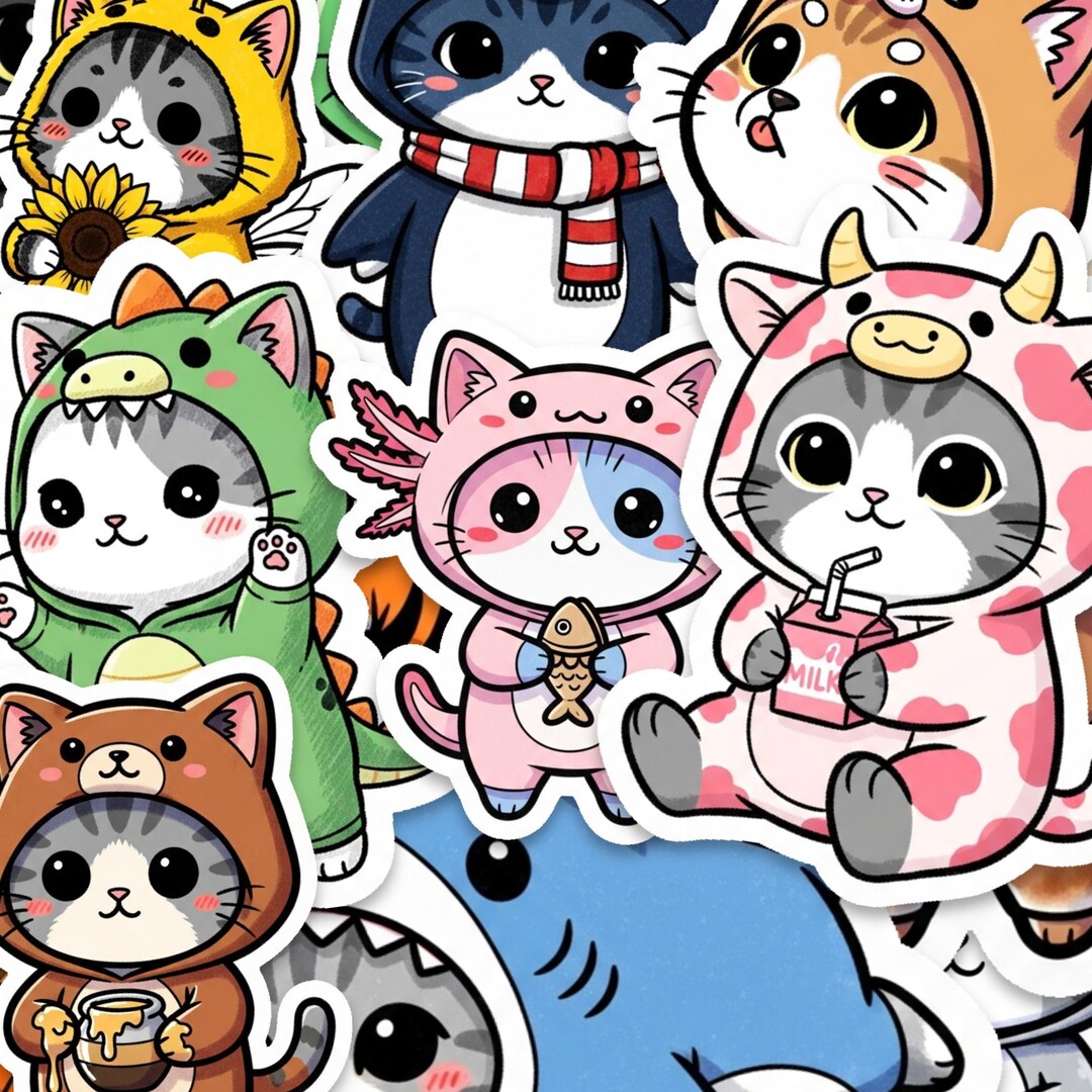 Cat Costume Sticker Pack Glossy Kawaii Animal Vinyl Stickers Set - Etsy