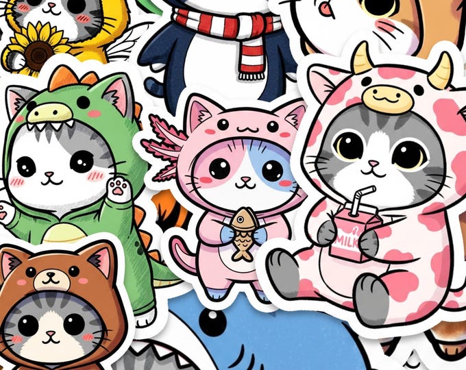 Cat Costume Sticker Pack Glossy Kawaii Animal Vinyl Stickers Set