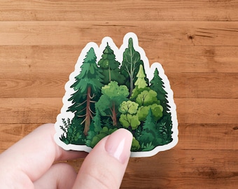 Forest Tree Illustration Sticker, Nature Scenery Sticker, Woodland Themed Sticker, Green Foliage Sticker, Outdoor Art Sticker