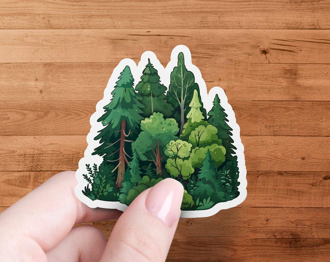 Forest Tree Illustration Sticker, Nature Scenery Sticker, Woodland Themed Sticker, Green Foliage Sticker, Outdoor Art Sticker
