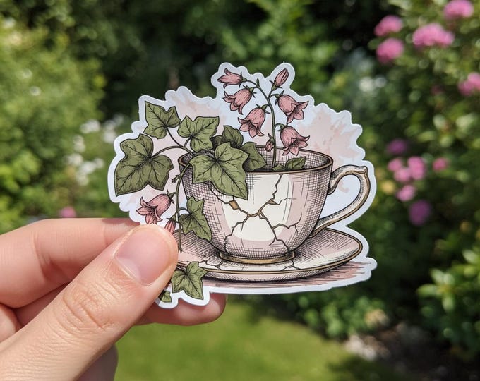 Botanical Teacup Sticker – Cracked China with Ivy & Bellflowers, Glossy Vinyl Cottagecore Decor