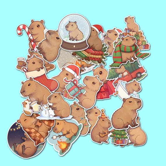 Holiday Capybara Sticker Pack – 25 Cozy Vinyl Christmas Stickers for Journals, Gifts, Scrapbooking