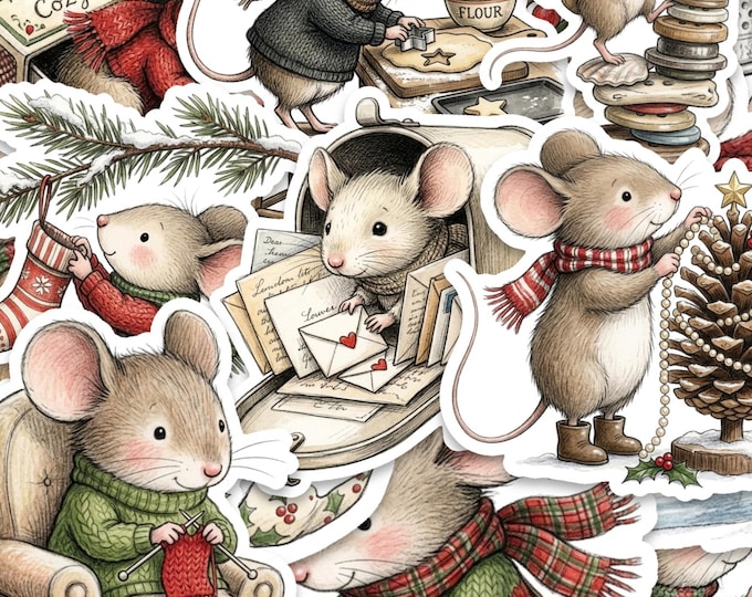 Christmas Mouse Sticker Pack: 15 Glossy Vinyl 2 Inch Winter Mice Decals, Cottagecore Style