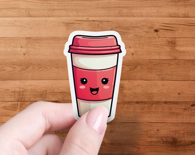Cute Coffee Cup Sticker, Kawaii Pink Coffee Sticker, Fun Drink Decal, Smiling Cup Sticker, Cute Planner Stickers, Colorful Vinyl Decal