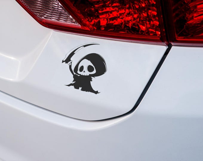 Cute Grim Reaper Vinyl Decal for Car, Laptop & Home Decor | Kawaii Skull Sticker, Halloween Decor, Wall Art