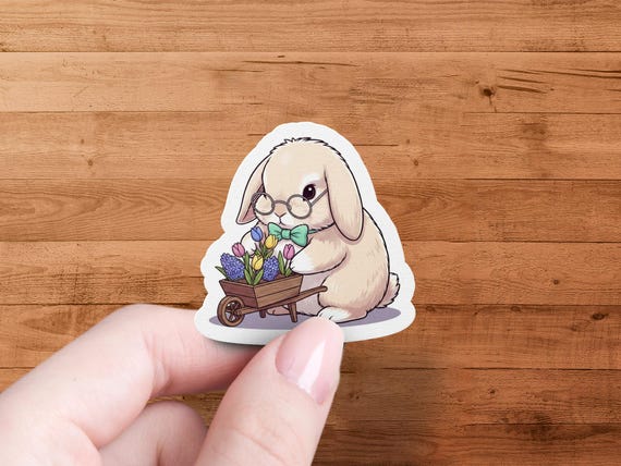 Kawaii Bunny Floral Glossy Die-Cut Sticker - Rabbit Animal Illustration Decal for Laptop Journal Planner