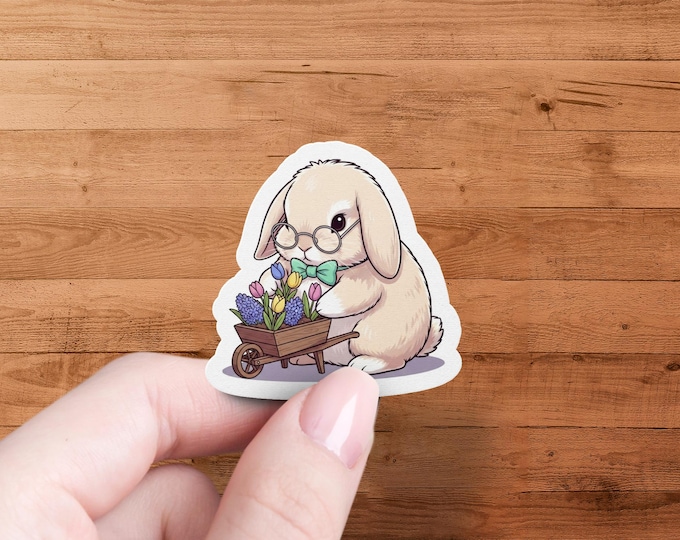 Kawaii Bunny Floral Glossy Die-Cut Sticker - Rabbit Animal Illustration Decal for Laptop Journal Planner